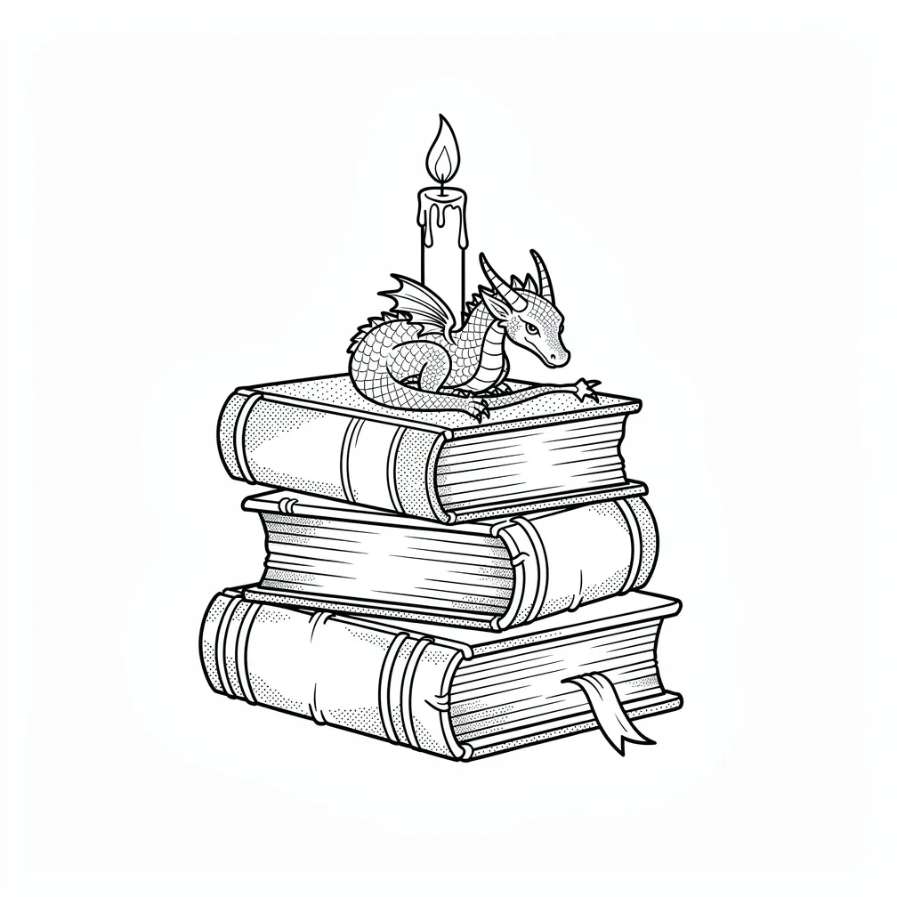 A fine-line stack of books topped by a tiny sleeping dragon curled around a candle, with delicate smoke wisps from its nostrils.