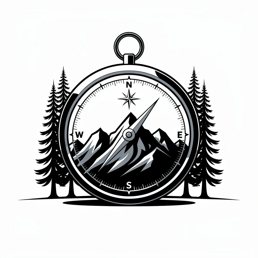 A minimalist linework compass with a mountain inside, needle pointing north to a guiding star, framed by pine trees.