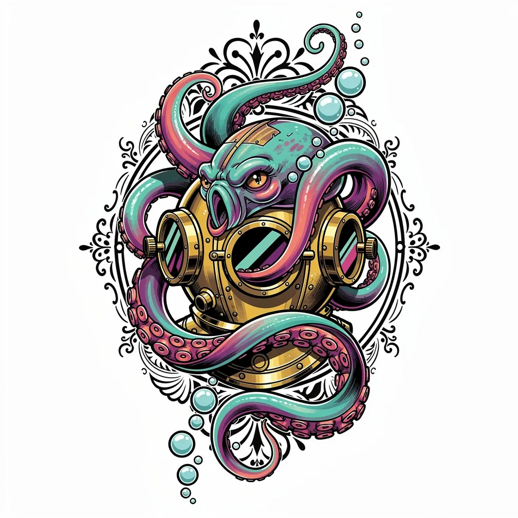 Neo-traditional giant octopus wrapping its tentacles around a vintage brass diving helmet with rising deep-sea bubbles