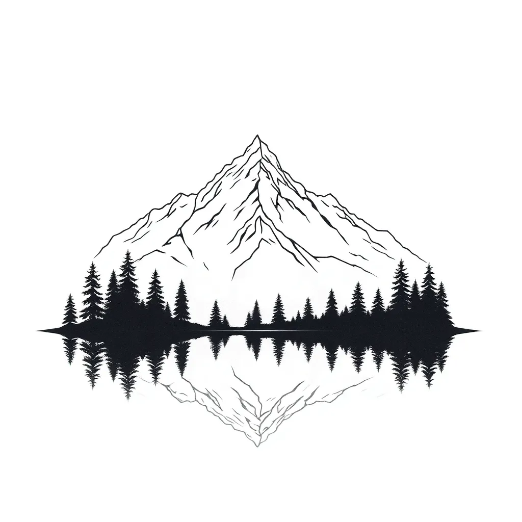 Minimalist line mountains towering above an alpine lake with a perfect mirror reflection and a surrounding evergreen forest