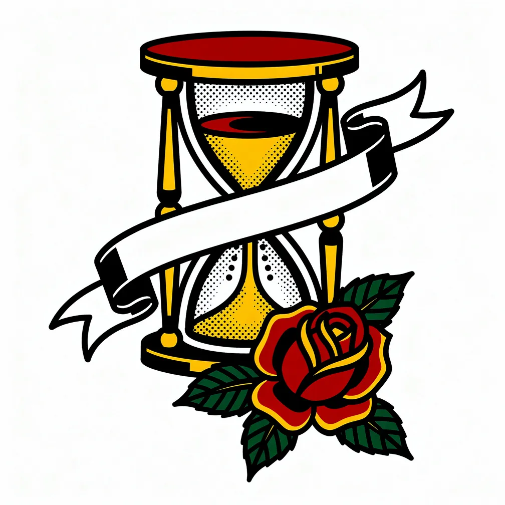 A traditional tattoo of an hourglass and wilting roses framing a ribbon banner reading “memento mori” in elegant italic script.