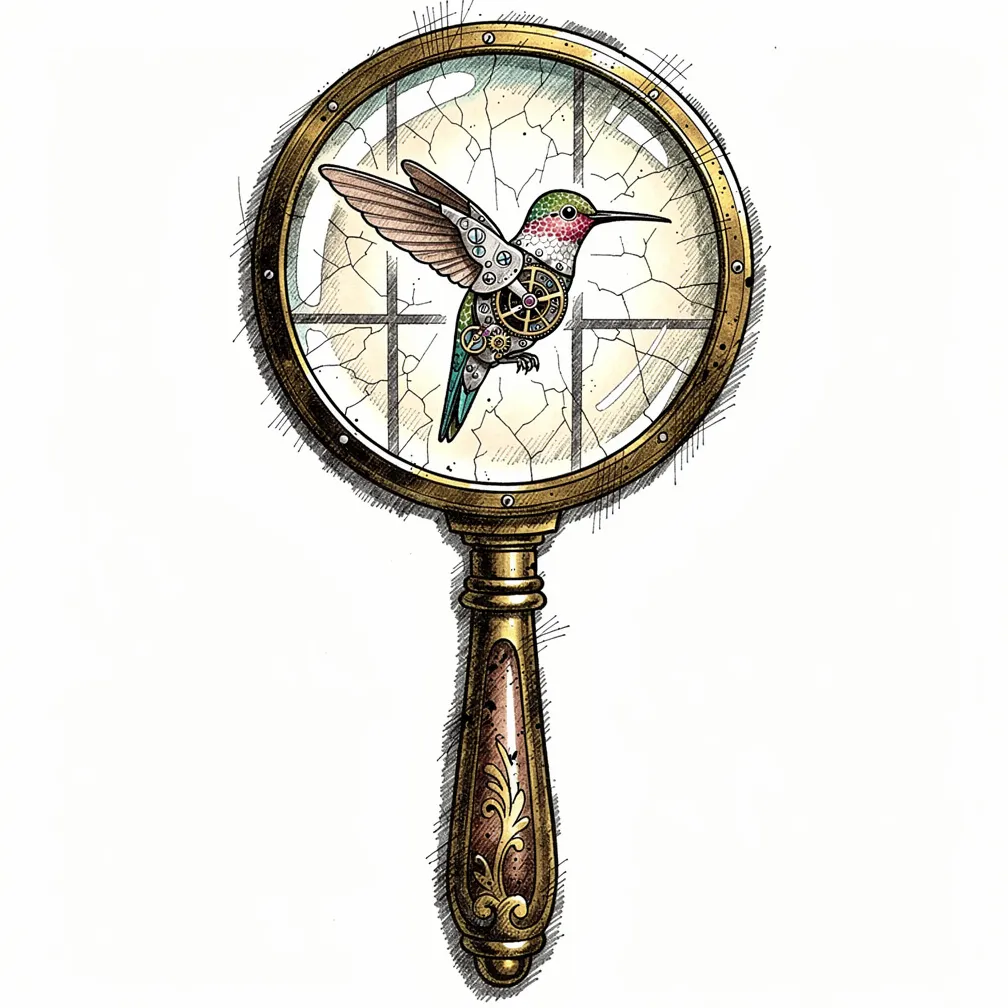 An illustrative antique brass magnifying glass with crazed stained-glass lens panels framing a suspended clockwork hummingbird made of watch springs and mother-of-pearl.