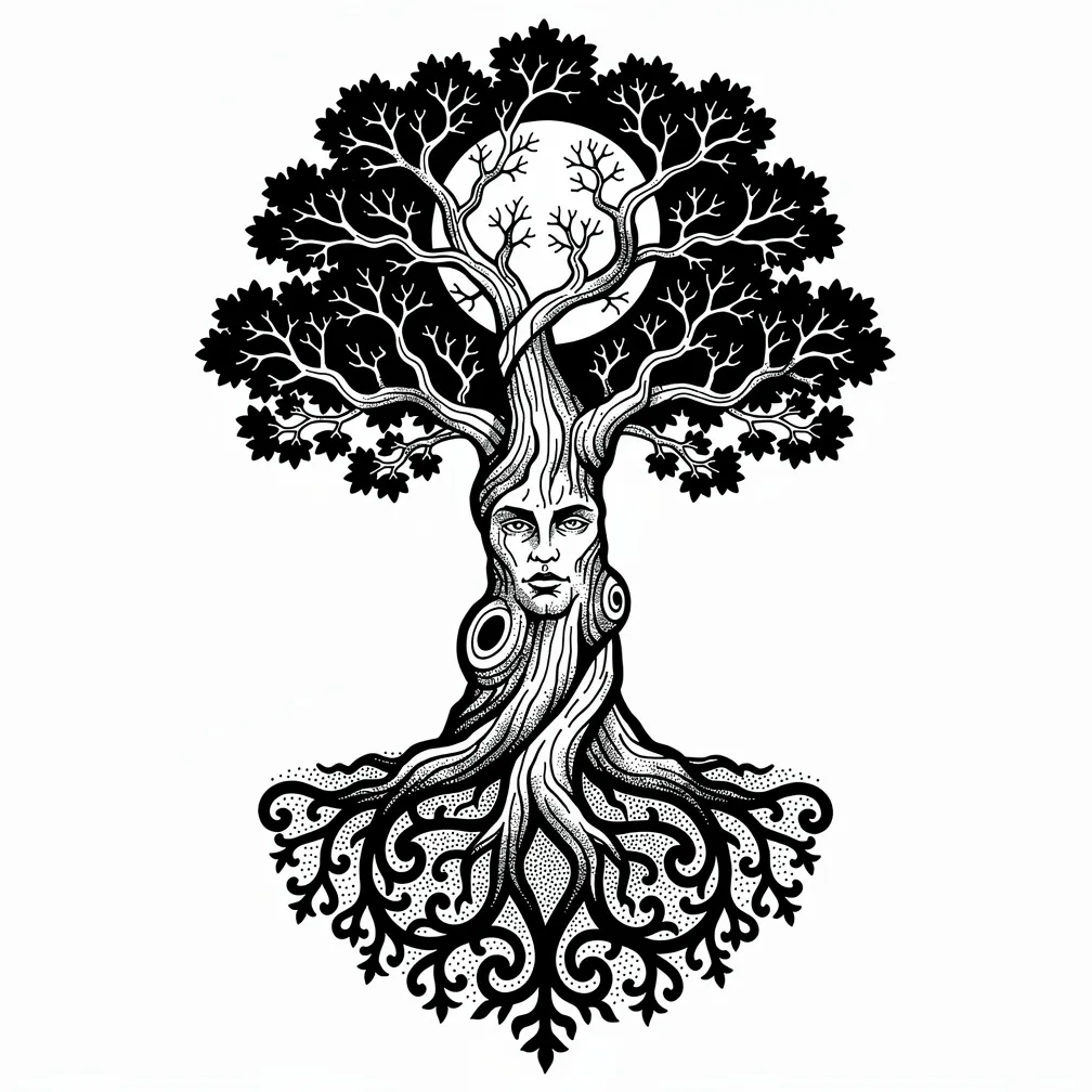 Seekor pokok oak purba bergaya kerja hitam yang berpintal dengan akar terdedah dan bulan purnama bersinar melalui dahan-dahannya yang berliku.