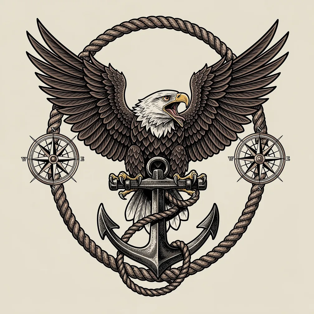 A traditional tattoo of a fierce eagle with spread wings gripping an anchor, framed by nautical rope and compass roses.