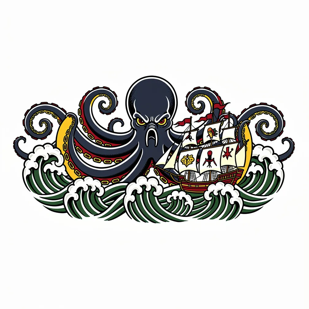 A traditional-style kraken erupts from churning waves, massive tentacles crushing a three-masted sailing ship.