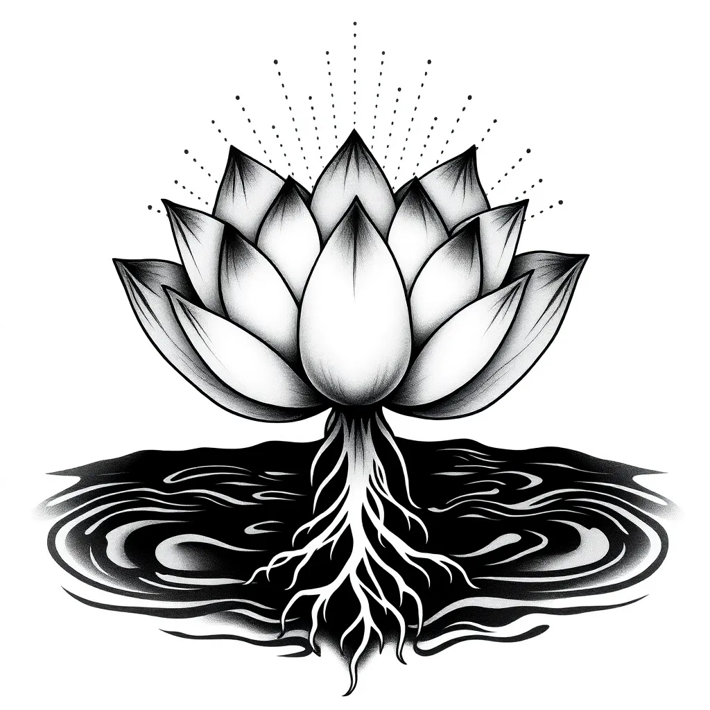 A dotwork lotus flower rising from dark water with visible roots below and radiating enlightenment rays above, rendered in stippled black and grey.