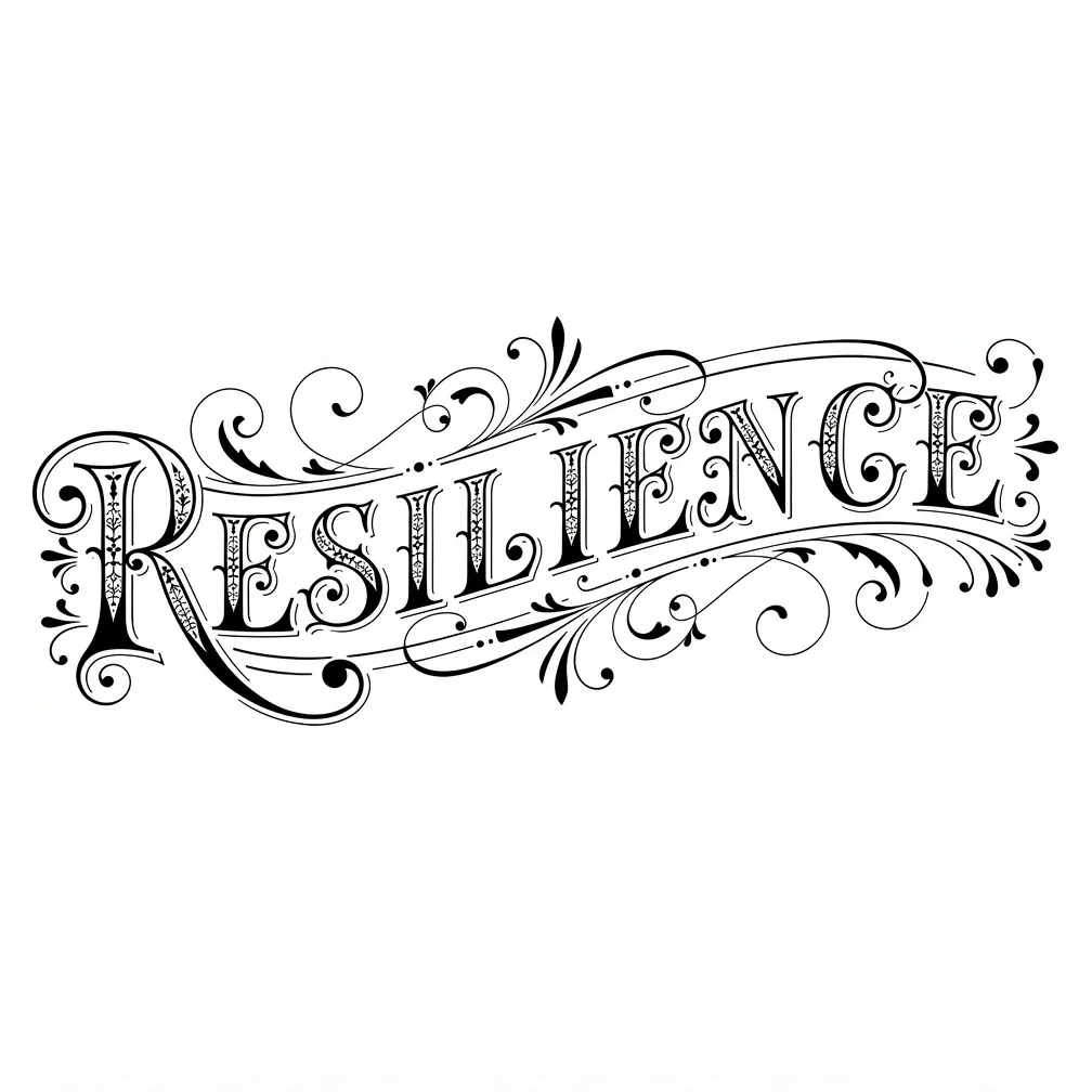Ornate Victorian-style lettering spelling “RESILIENCE” with decorative flourishes and filigree details in black ink.