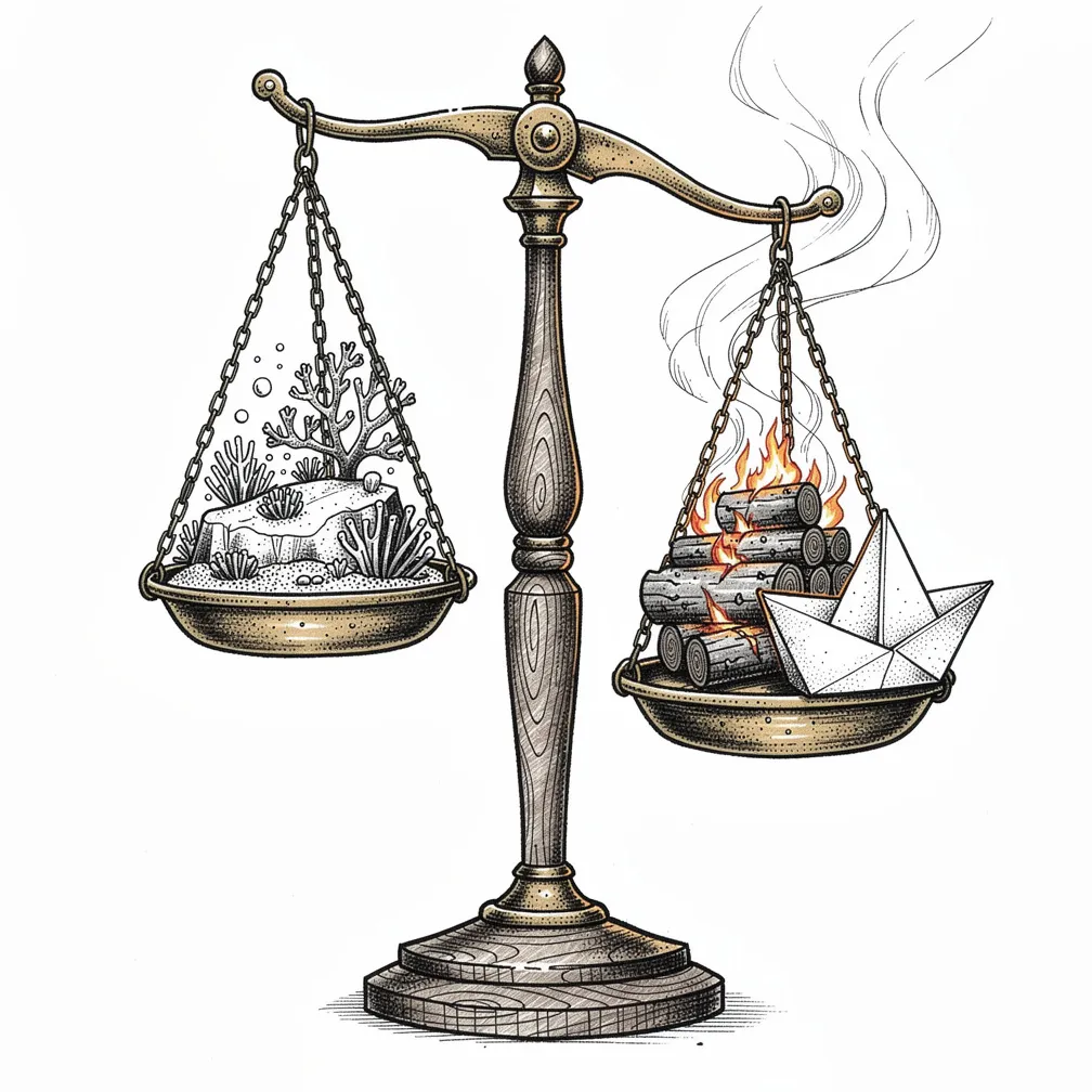 An illustrative antique balance scale tilts, weighing a moonlit coral reef on one pan against an ember-lit campfire with smoke and a paper sailboat on the other.