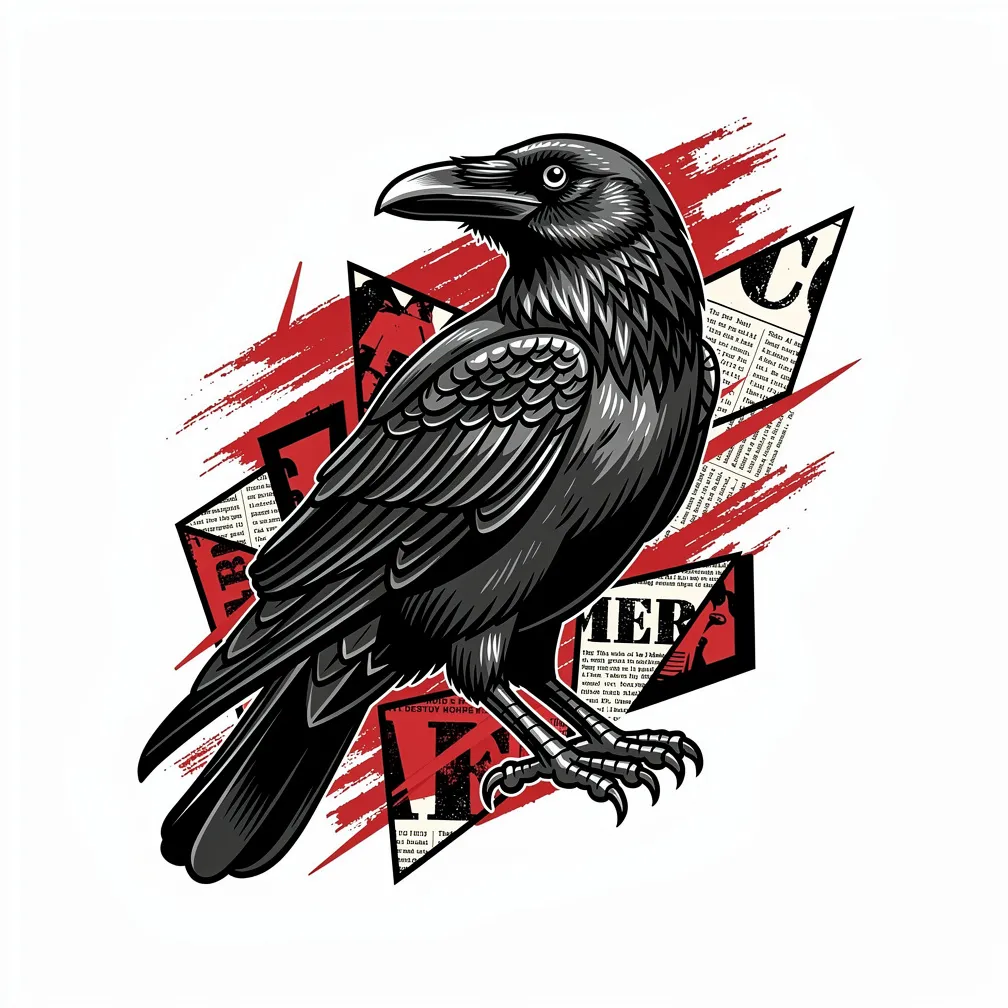 A trash-polka raven rendered realistically amid red brushstrokes, newspaper fragments, and geometric black shapes in a chaotic collage.