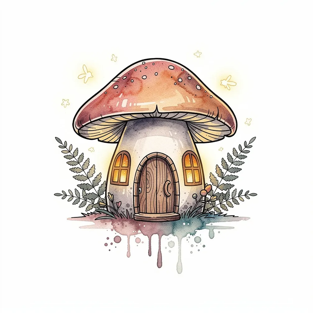 A watercolor mushroom cottage with a tiny door, warm glowing windows, surrounded by ferns and fireflies in a fairy garden.