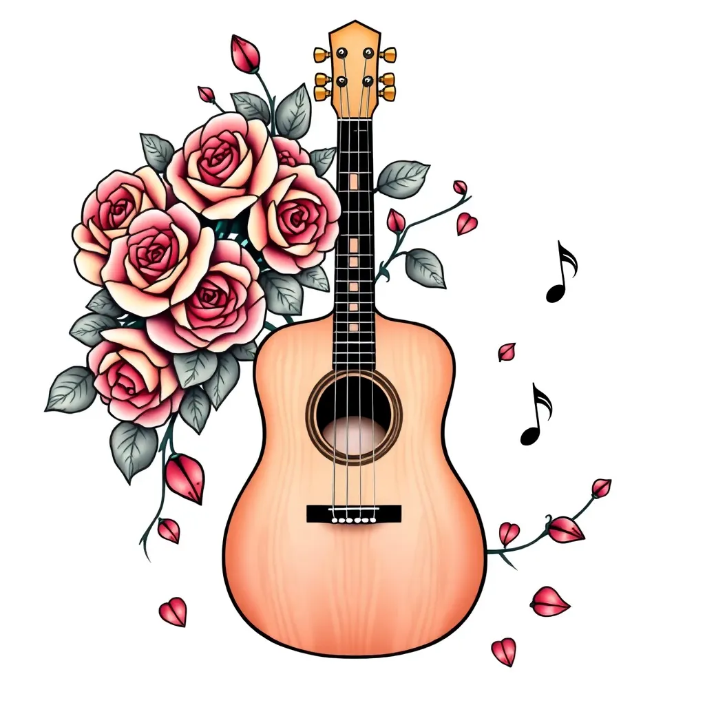 A neo-traditional acoustic guitar with roses growing from the sound hole, vines wrapping the neck and falling petals arranged like musical notes