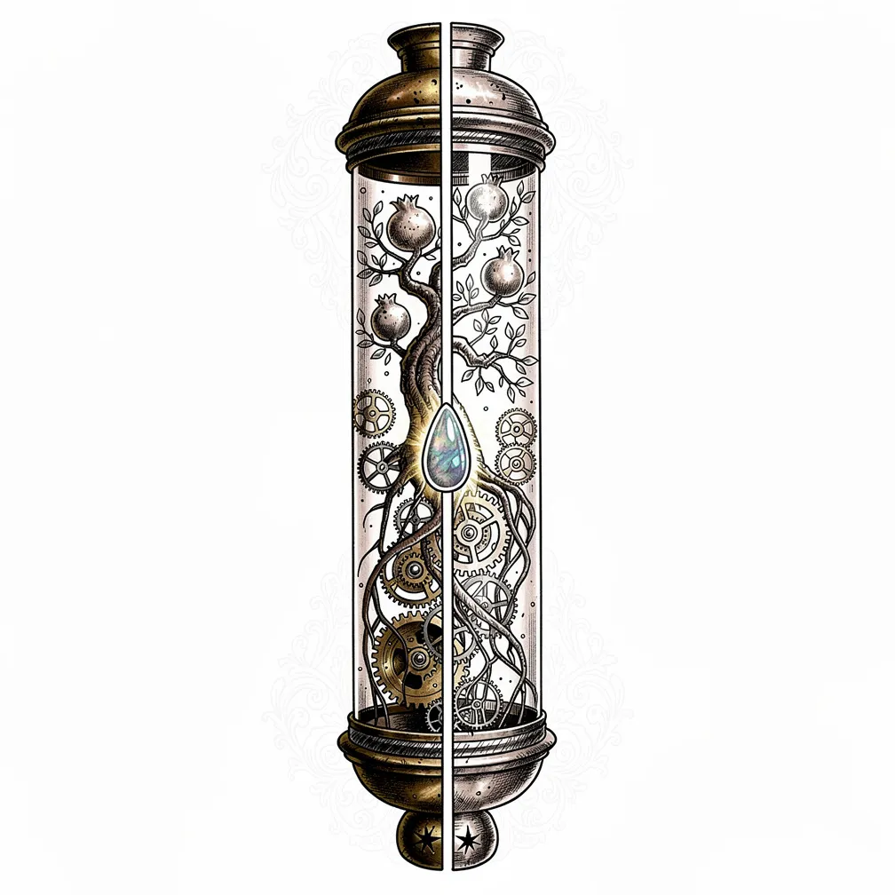 An illustrative vintage kaleidoscope split open to reveal a lamp-lit micro-orchard of bonsai pomegranates grown from watch-cogs, with jeweled gears and an opal seed core.