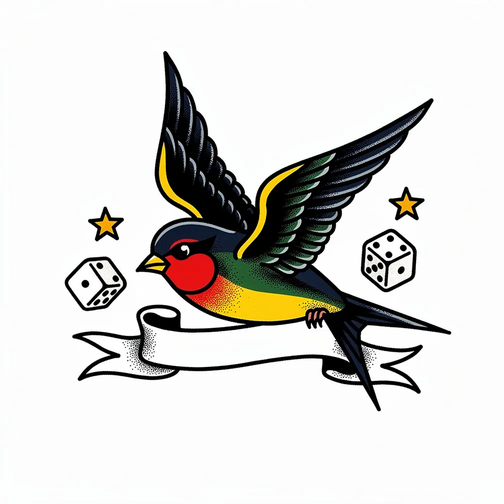 Traditional sailor-style tattoo of twin swallows carrying a banner ribbon, framed by stars and dice with bold outlines and solid color fills.