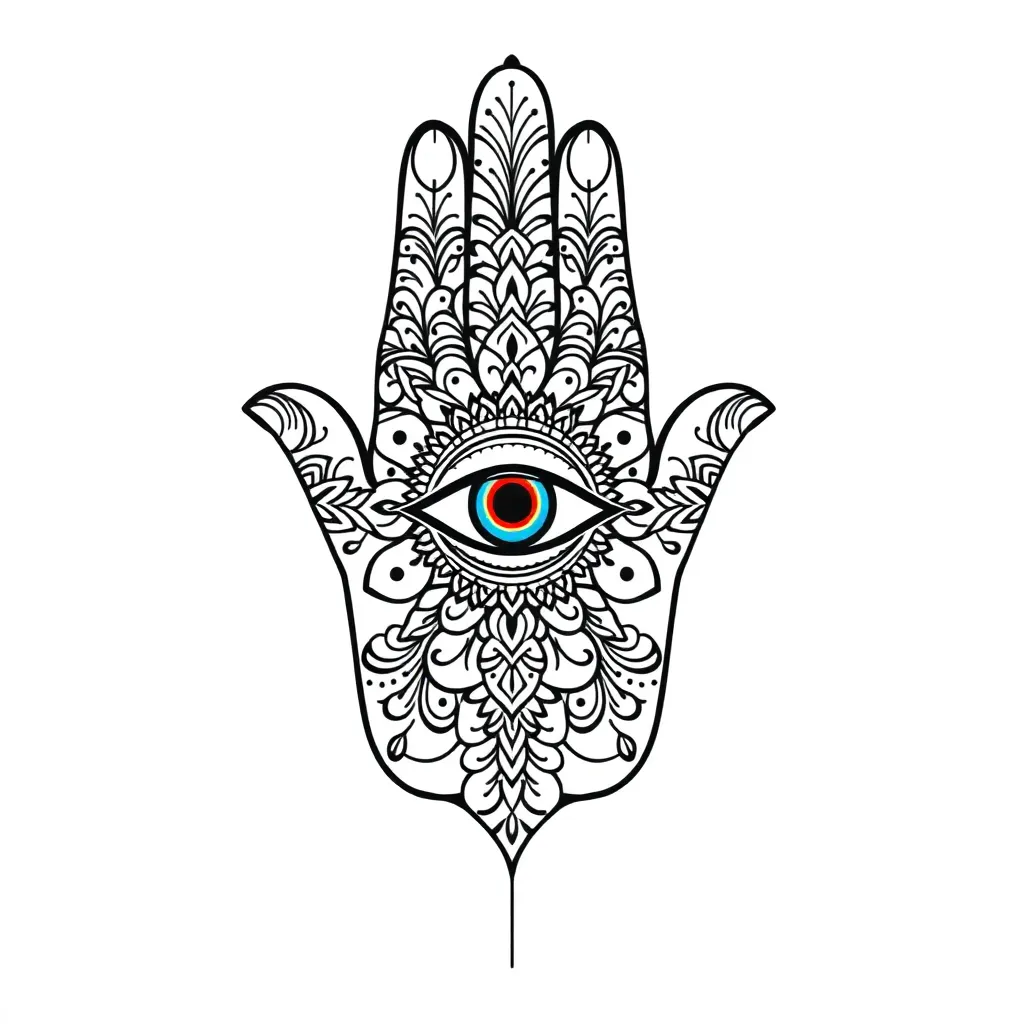 Ornamental Hamsa hand with a central evil eye, decorated with henna-style patterns and protective symbols in delicate ornamental linework.