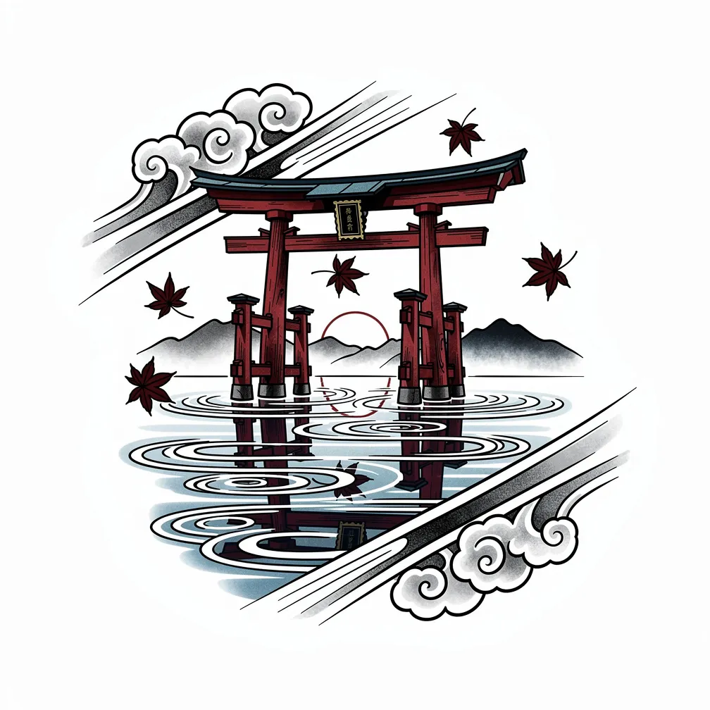 A Japanese-style torii gate reflected in still water at sunset with distant mountains and falling maple leaves.