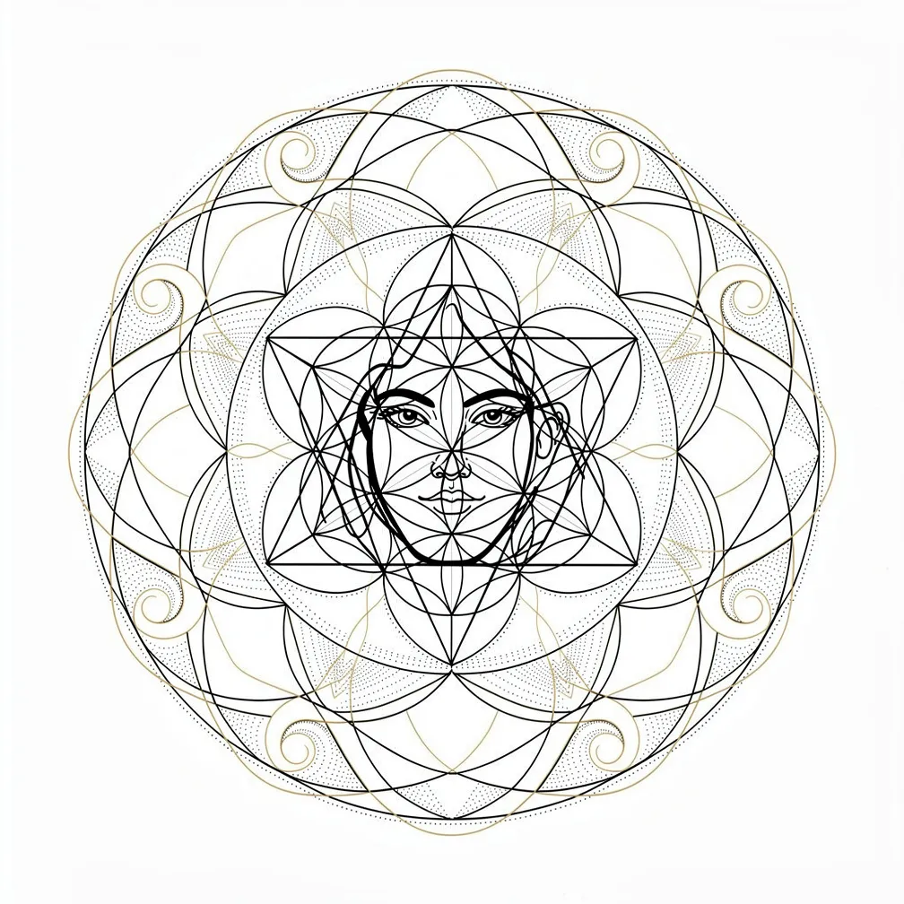 Geometrický motiv posvátné geometrie s centrem Květ života, překryvem Metatronovy krychle a vyzařujícími spirálami zlatého řezu v čisté linework kresbě.