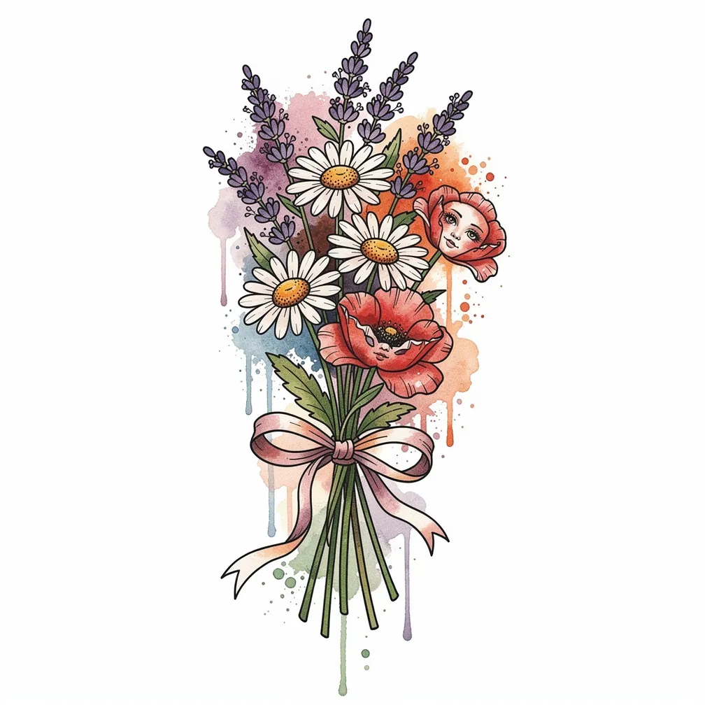 A watercolor bouquet of lavender, daisies, and poppies tied with a flowing ribbon, using soft color washes and light linework.