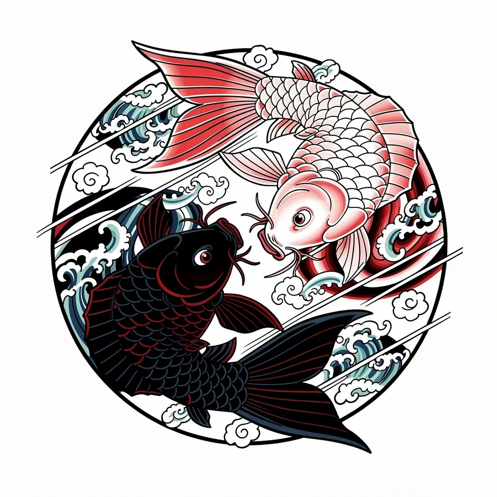 A Japanese-style yin-yang formed by two koi fish, one dark and one light, circling endlessly with flowing water details.
