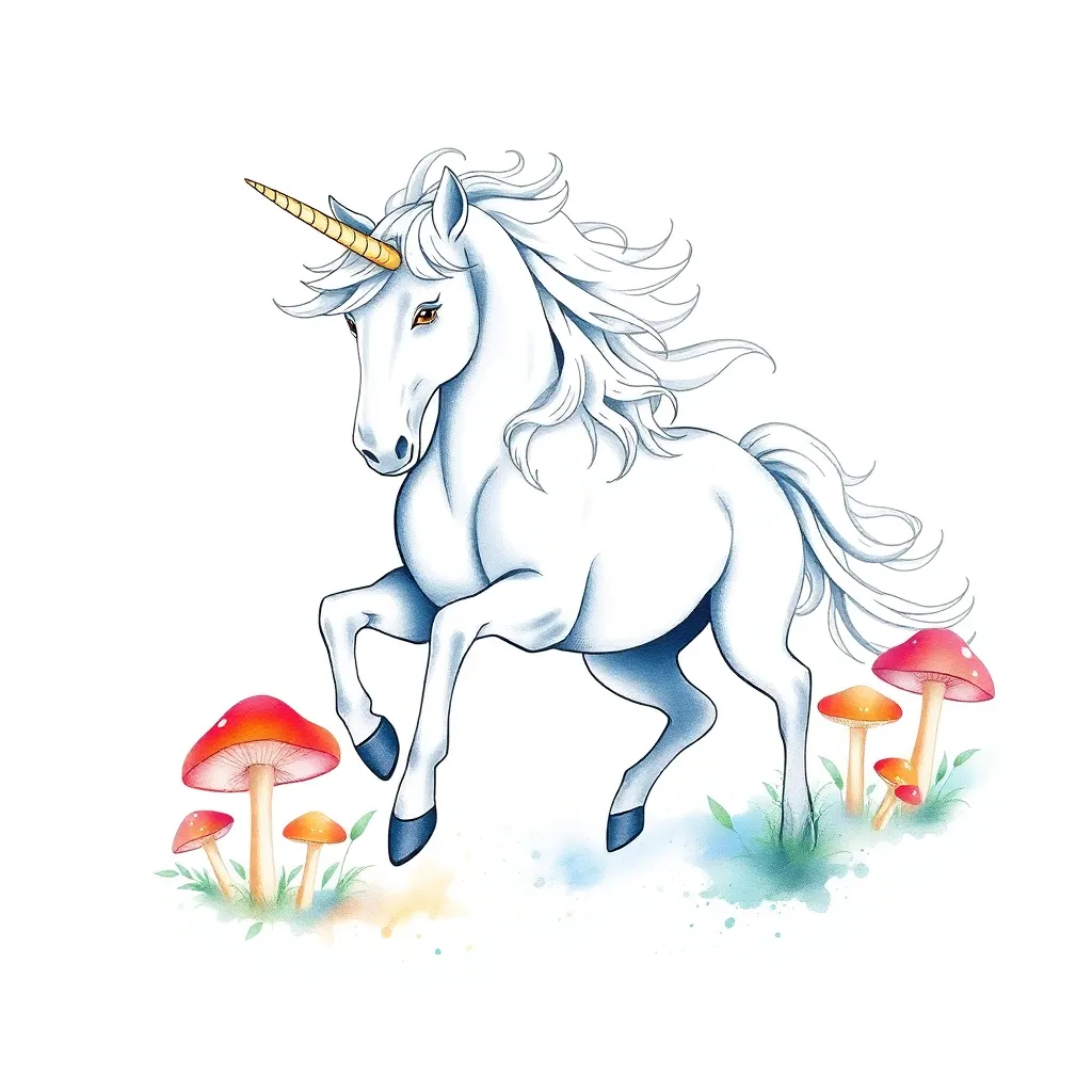 A watercolor unicorn galloping through an enchanted forest with a flowing liquid-silver mane and bioluminescent mushrooms glowing beneath its hooves