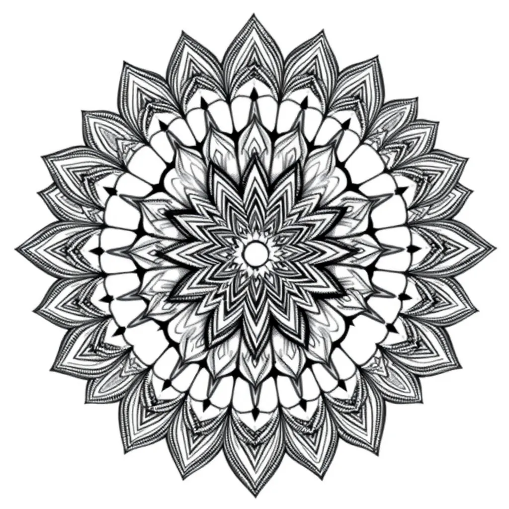 A perfectly symmetrical dotwork mandala with concentric rings of geometric petal motifs radiating outward, detailed stippling and ornamental geometry.