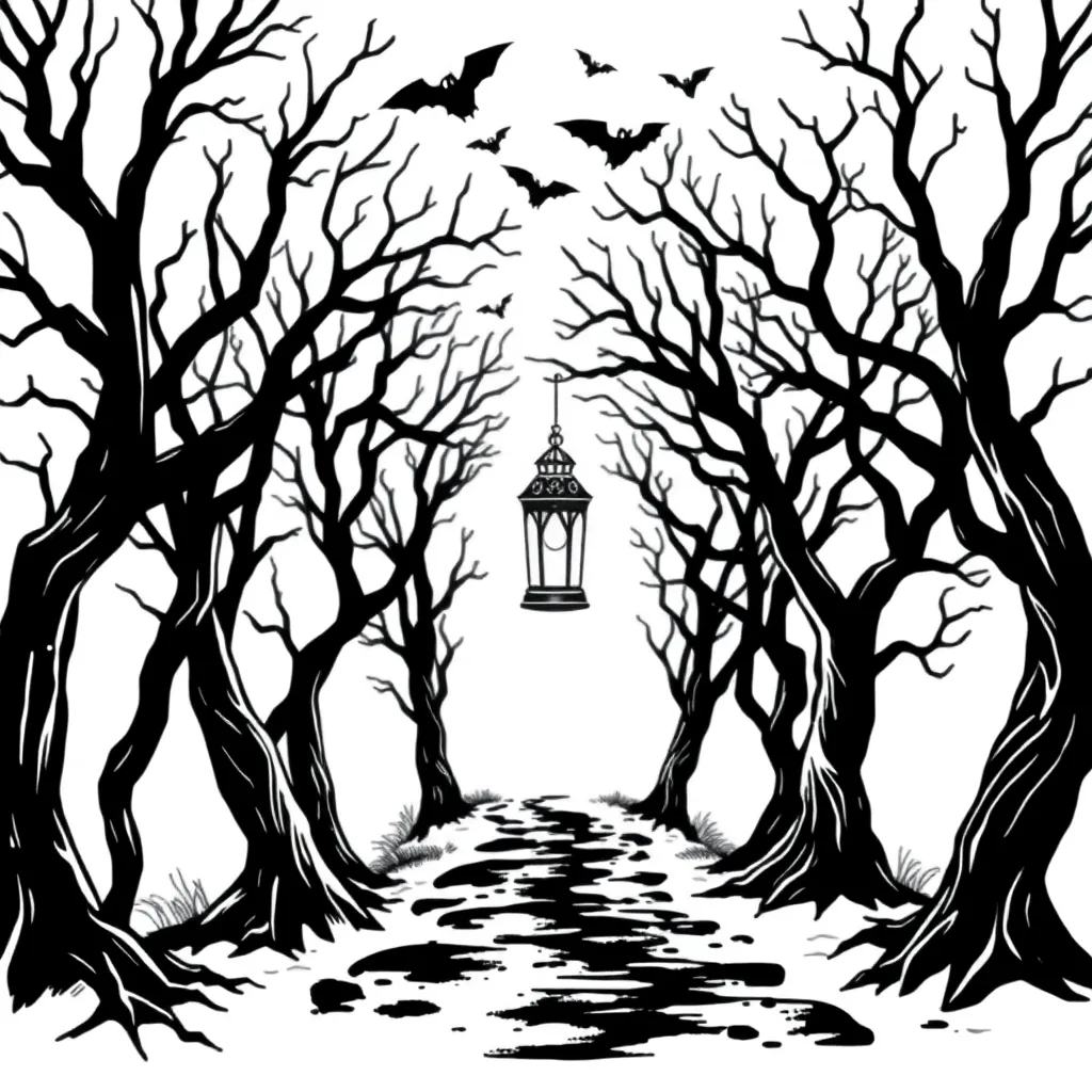 A blackwork dark forest with bare twisted trees, a crooked path lit by a single glowing lantern and bats flying overhead.