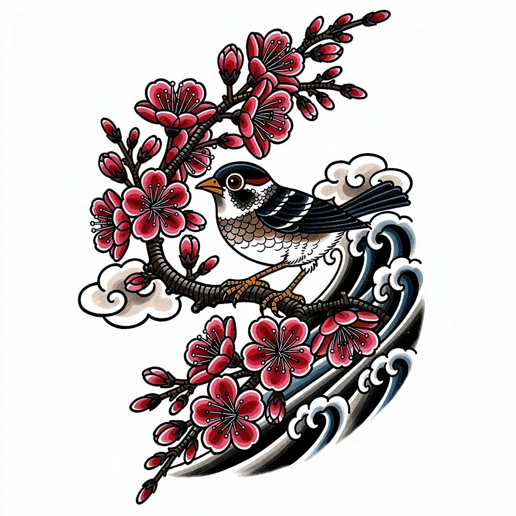 A Japanese-style cherry blossom branch with wind-swept petals and a small sparrow perched among the blooms.