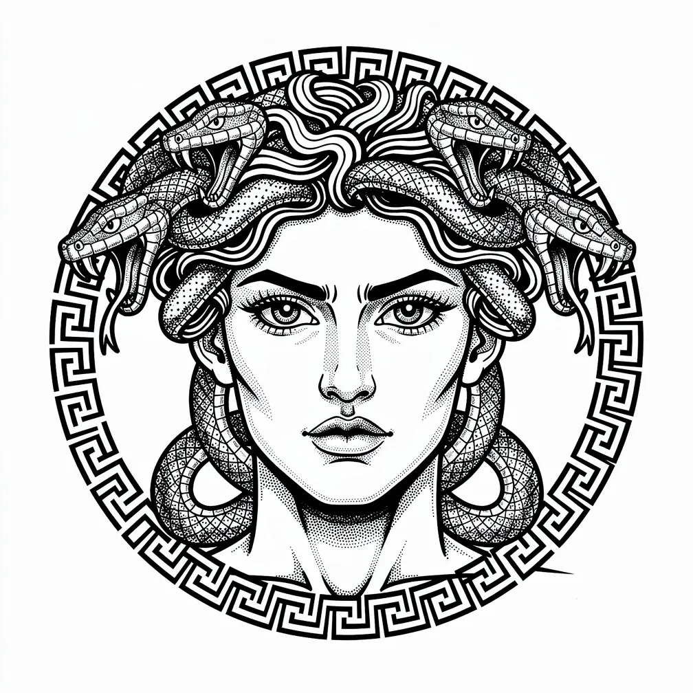 A blackwork Medusa portrait with an intense gaze, crowned by writhing snakes and framed by an ornate Greek key border.