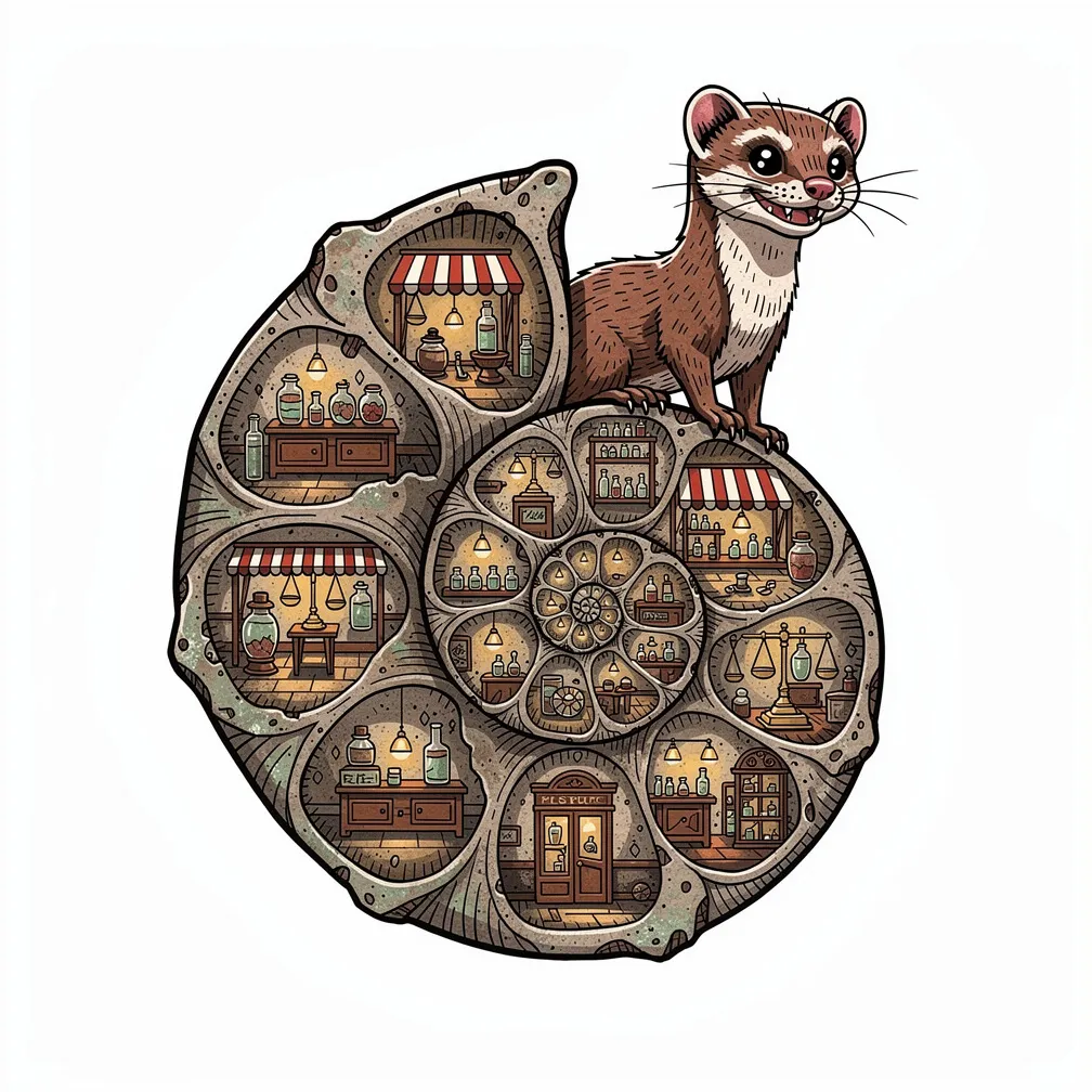 An illustrative fossil ammonite spirals into lamp-lit Victorian storefront chambers, with a tiny weasel shopkeeper perched on the rim.