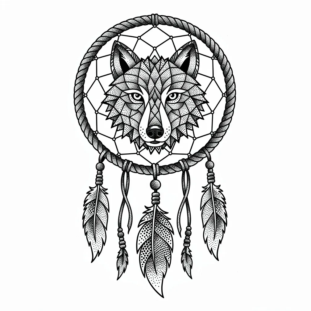 A dotwork dreamcatcher with a wolf silhouette woven into the web, with feathers and beads hanging from leather cords.