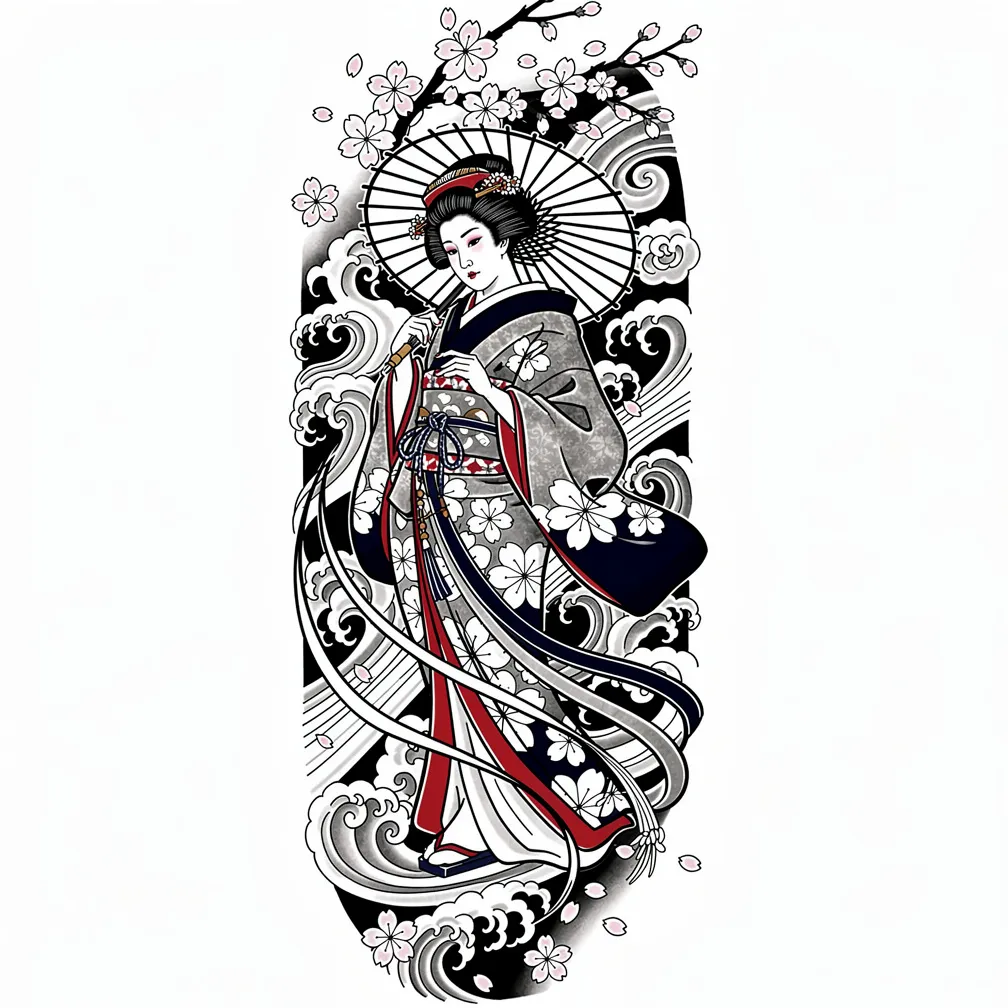 A Japanese irezumi-style geisha in an ornate kimono holding a parasol, with wind-swept silk and swirling cherry blossoms around her.
