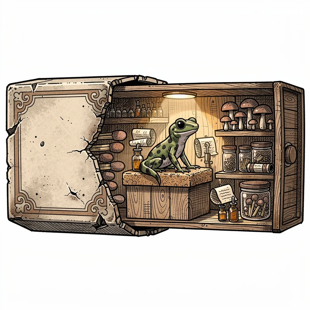 An illustrative battered matchbox split open to reveal a lamplit mushroom apothecary, with tiny amber vials and a small olive fire-salamander shopkeeper.