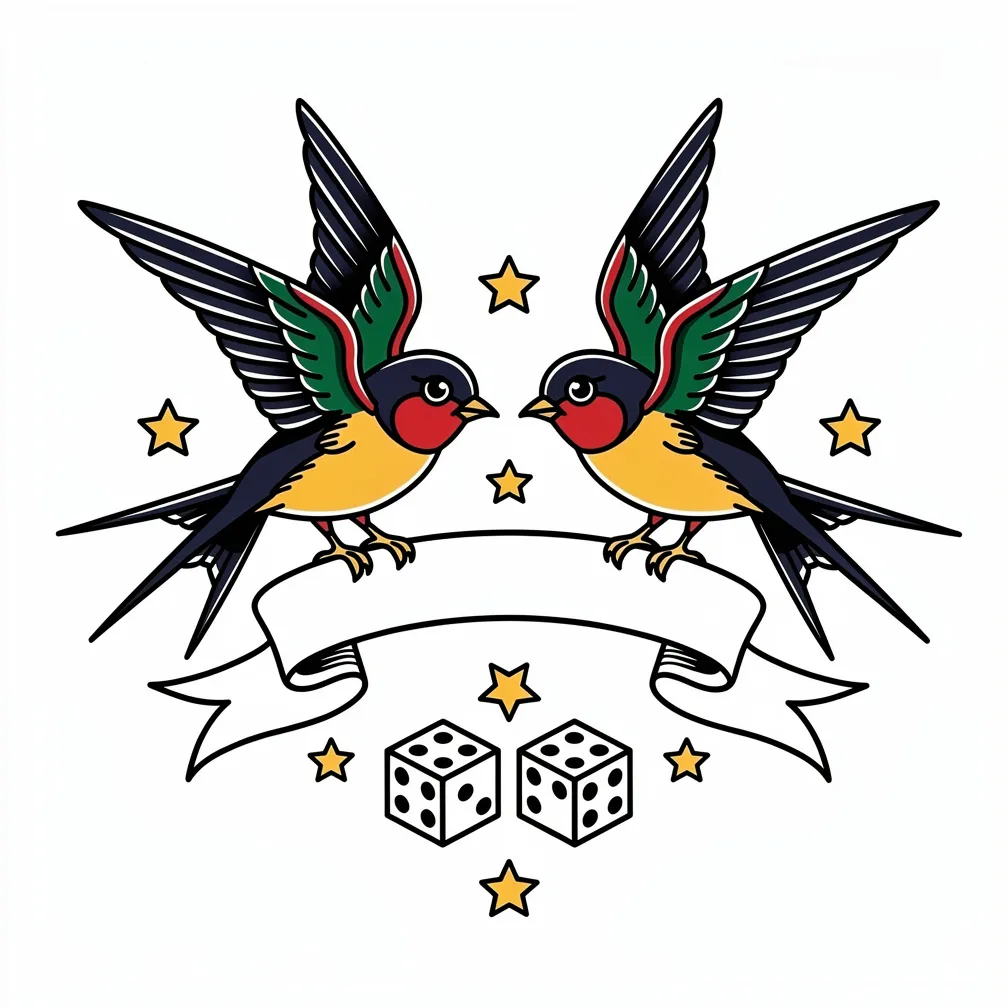 A traditional sailor-style tattoo of two swallows carrying a banner ribbon, framed by stars and dice with bold outlines and classic colors.