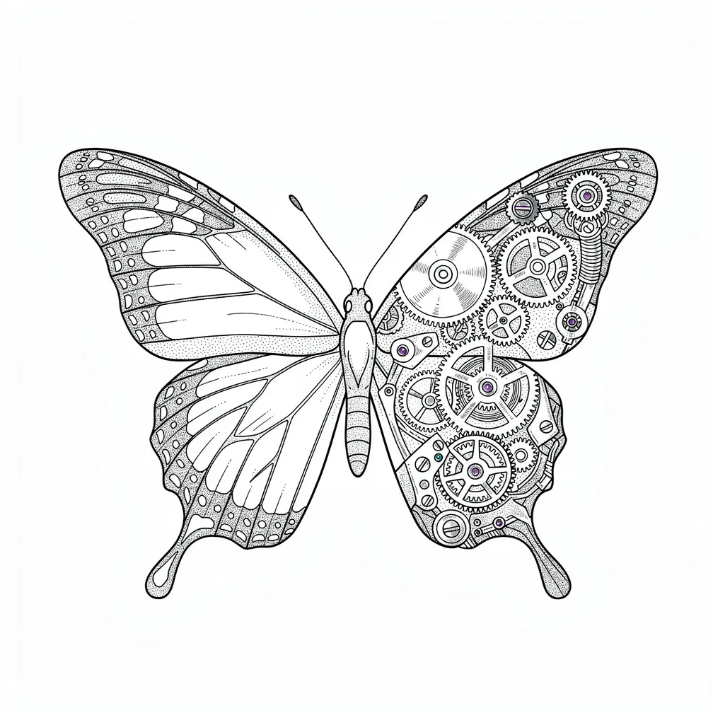 A fine-line monarch butterfly whose right wing dissolves into intricate clockwork gears and mechanical parts, blending organic and mechanical detail.
