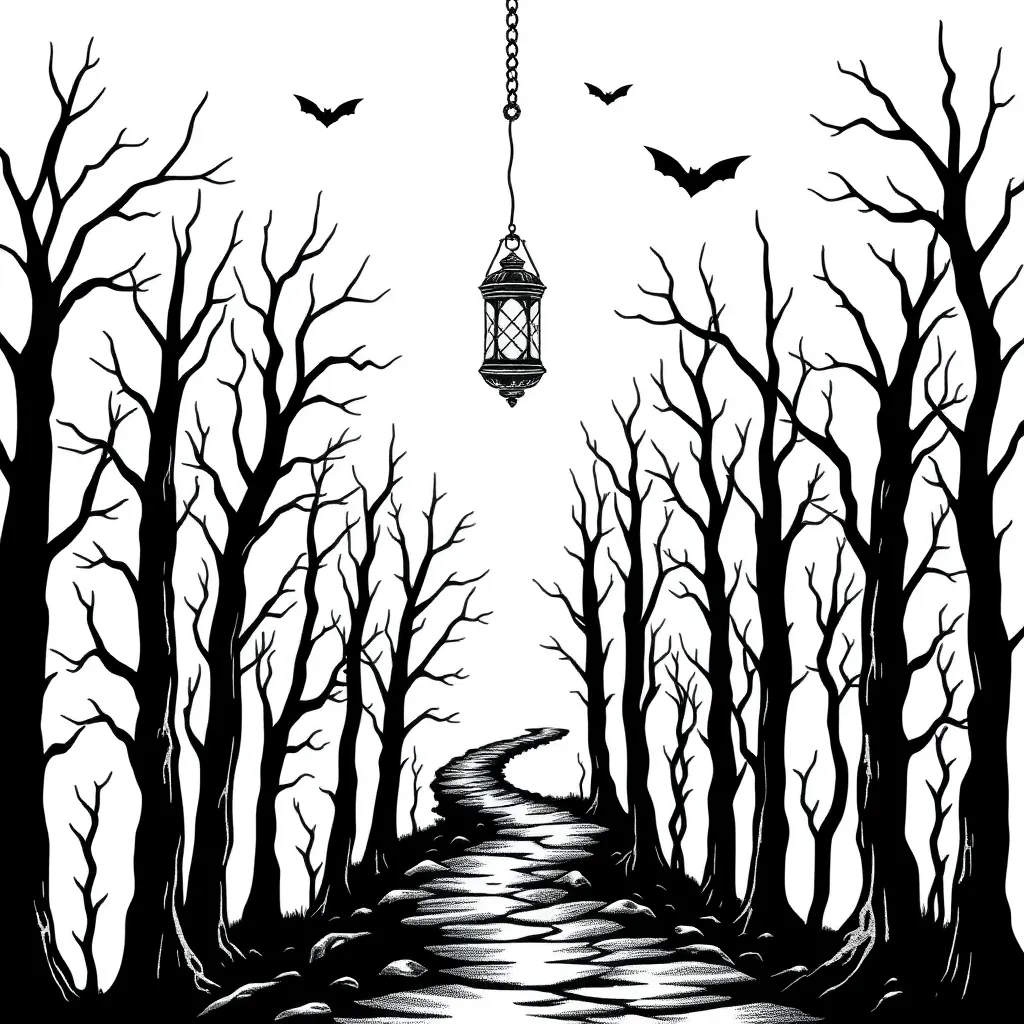 Blackwork scene of a dark forest with bare twisted trees, a single glowing lantern on a crooked path and bats flying overhead.