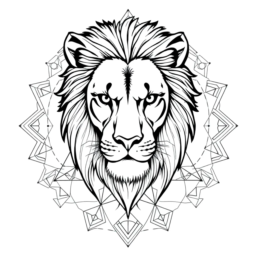 A geometric-style regal lion portrait whose flowing mane dissolves into interlocking sacred geometry patterns, rendered with precise black and grey linework and ornamental accents.
