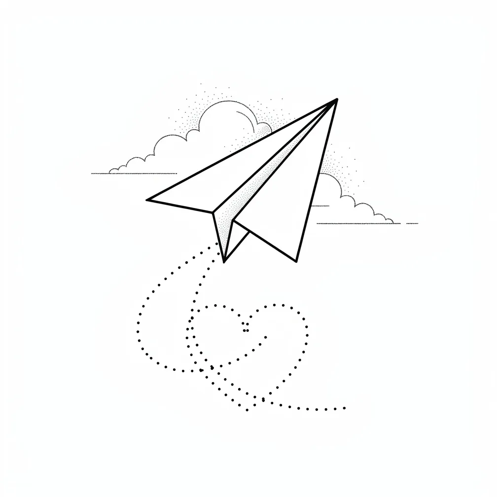 Un avión de papel minimalista con una trayectoria de vuelo punteada que forma un corazón antes de elevarse hacia nubes sencillas, trazado con líneas limpias y acentos en tonos pastel.