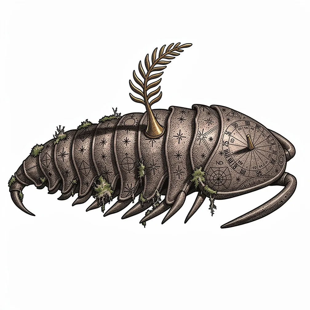 Trilobite en puntillismo reinterpretado como un reloj de sol de bolsillo, con marcas horarias grabadas en sus segmentos torácicos, un gnomon de bronce curvado que nace del cefalón, líquenes, cicaduras
