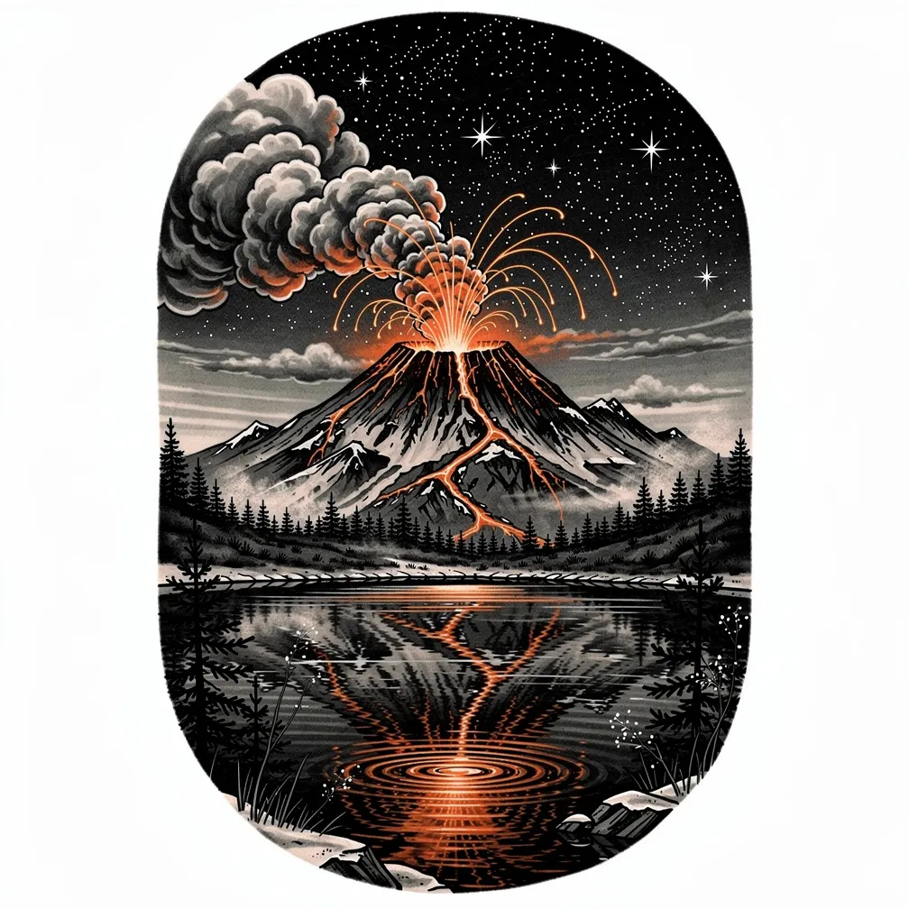 A realistic snow-capped volcano erupting beneath a starry night sky, glowing lava flowing down its slopes into a pristine forest lake