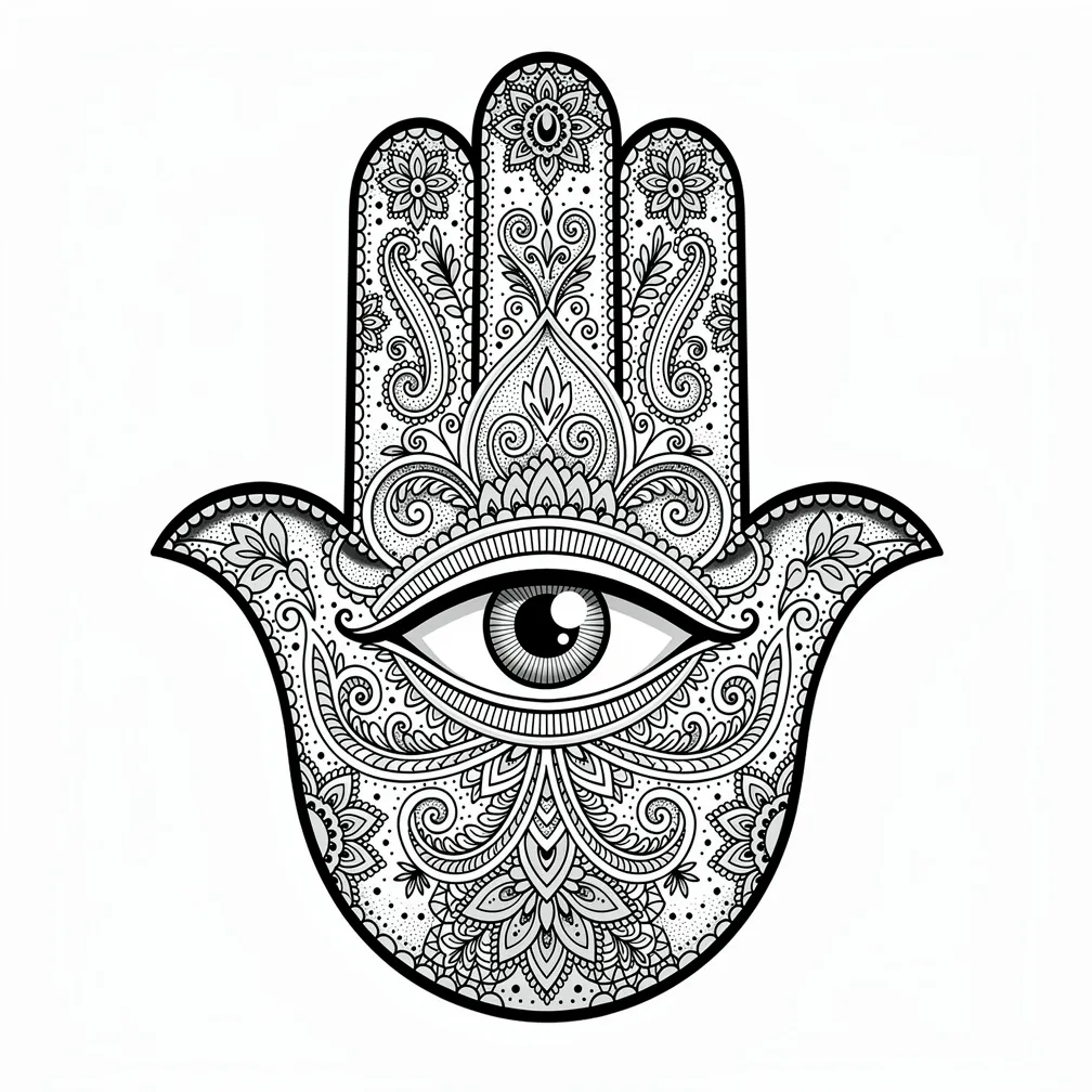 An ornamental-style Hamsa hand filled with henna-inspired patterns and a central blue evil eye surrounded by protective symbols