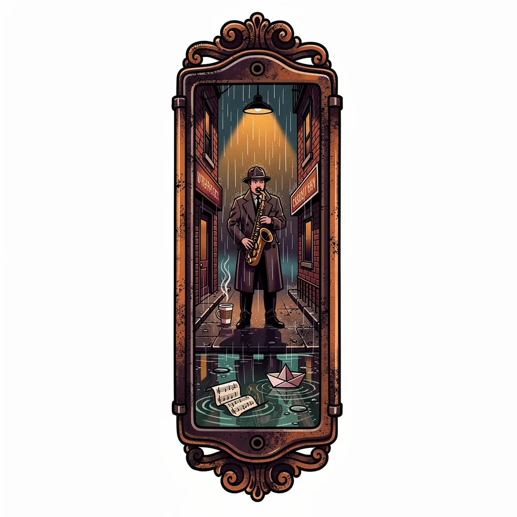 Una armónica neotradicional oxidada, partida en dos, revela un callejón de jazz en miniatura mojado por la lluvia, con tiendas de ladrillo, una lámpara de sodio y un saxofonista solitario, con reflejo