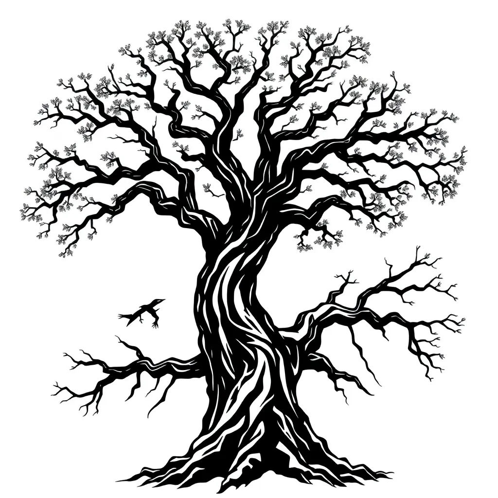 Blackwork depiction of an ancient gnarled oak with exposed deep roots and a full moon shining through twisted branches
