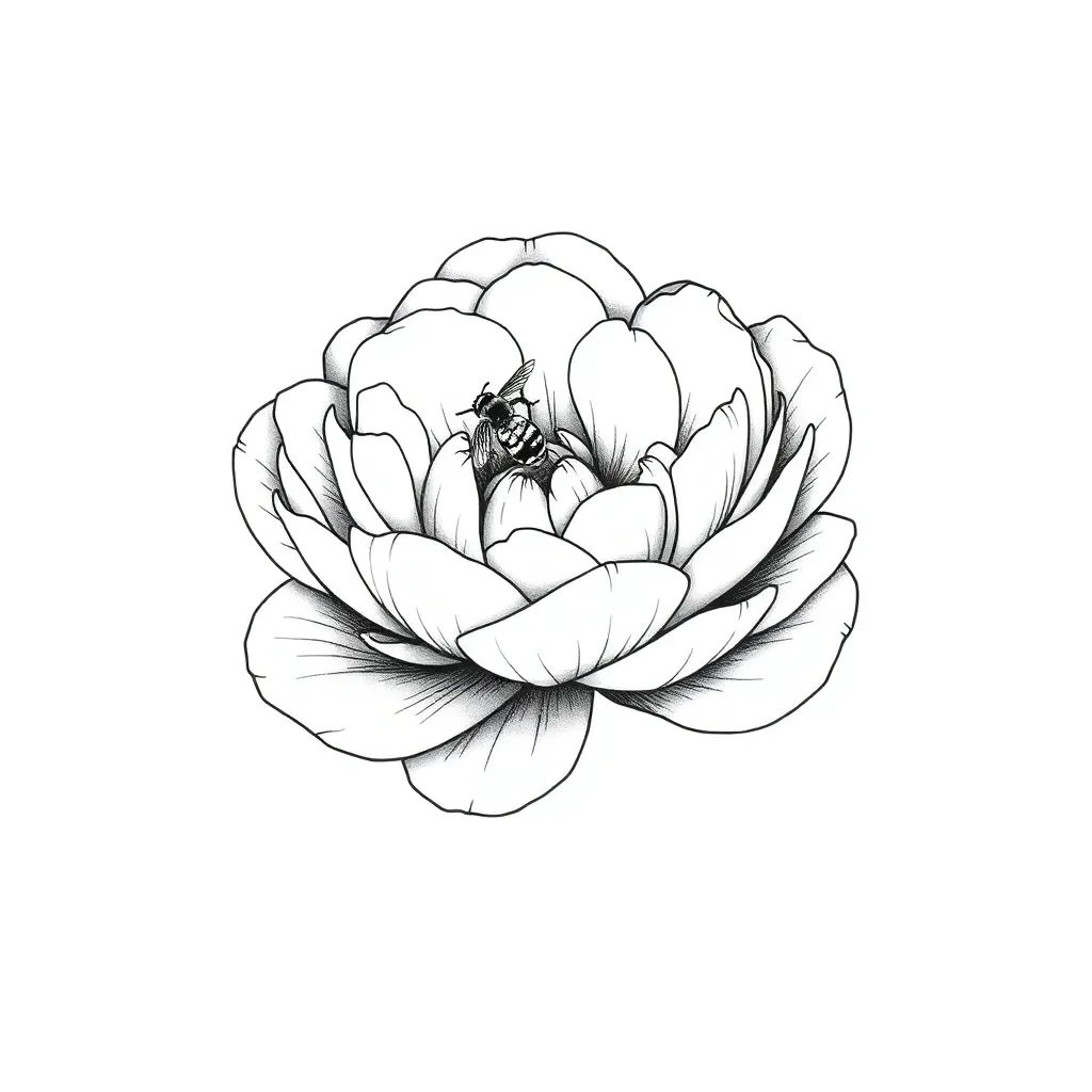 A fine-line single peony in full bloom with layered delicate petals and a small bee resting on one petal.
