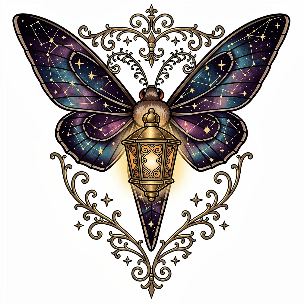 A neo-traditional nocturnal moth with outstretched stained-glass wings showing constellations, a glowing brass lantern thorax, and delicate filigree antennae.
