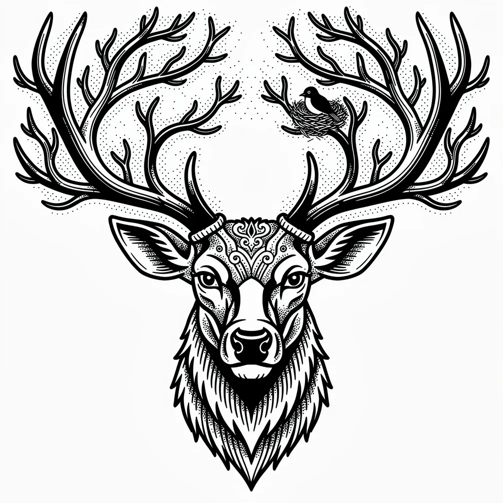Un ciervo en blackwork con astas elaboradas formadas por ramas de árboles entrelazadas, con pequeñas aves anidando entre las ramas.