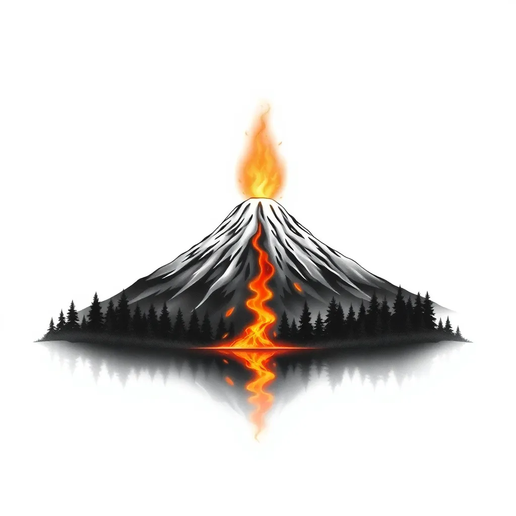 A realistic snow-capped volcano erupting under a starry night with glowing lava flowing into a pristine forest lake, captured in vivid detail.