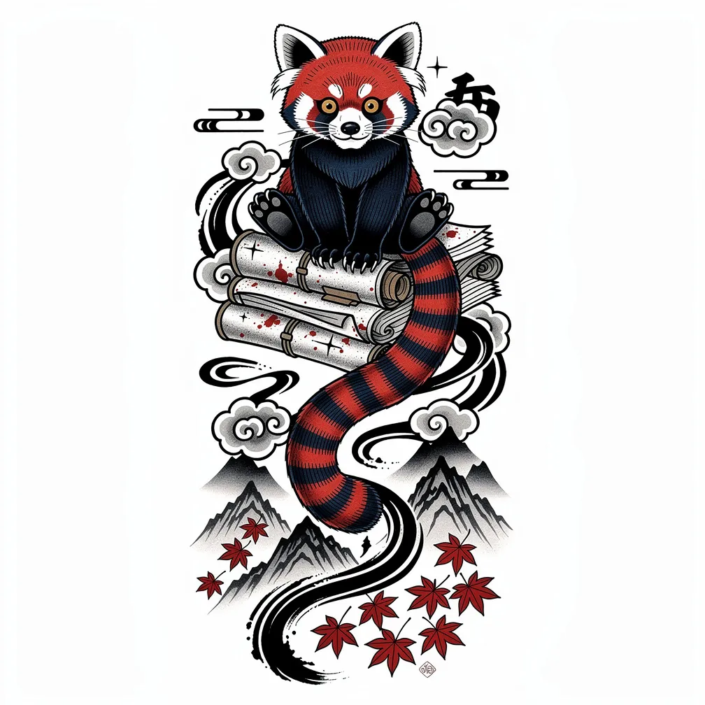 A japanese-style red panda on ink-stained scrolls, its tail becoming bold sumi calligraphy ribbons that fade into misty mountains and falling maple leaves.