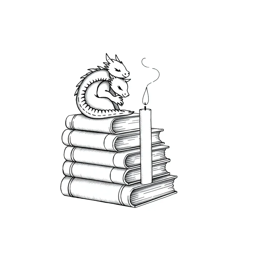 A fine-line stack of books with a tiny dragon curled around a lit candle, sleeping and exhaling wisps of smoke
