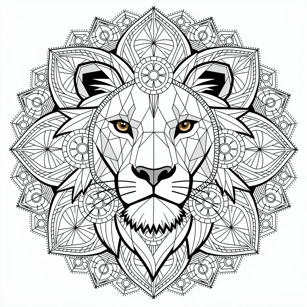 Un retrato de león de estilo geométrico con una melena fluida que se disuelve en intrincados patrones de geometría sagrada, realizado con un preciso delineado negro