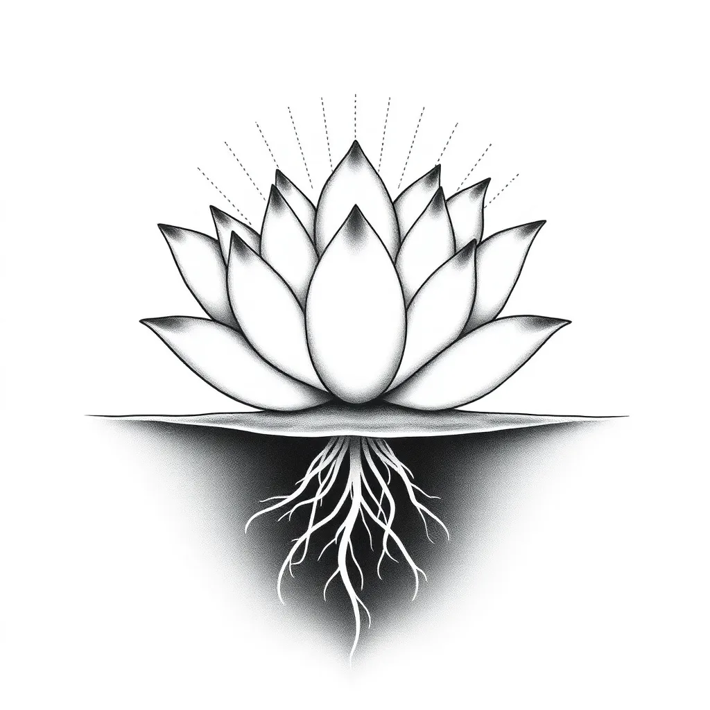 Dotwork lotus rising from dark water with visible roots below the surface and radiating rays above, rendered in stippled black and grey.