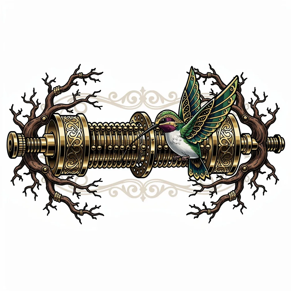 A neo-traditional antique music-box cylinder whose brass pins turn into tiny gnarled branches, wrapped by a clockwork hummingbird with filigree wings and a bead eye.